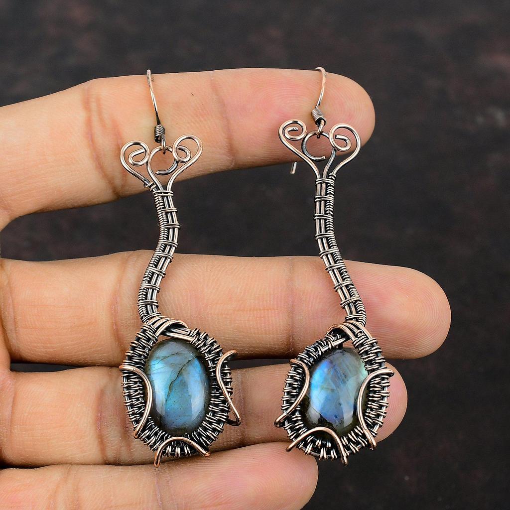 Labradoriet Oorbel Koperdraad Gewikkelde Oorbellen Edelsteen Sieraden Handgemaakte Oorbellen Koperdraad Sieraden Cadeau Voor Mama Helende Steen Oorbellen