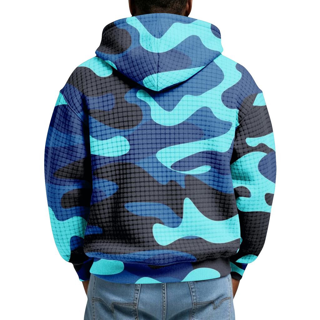 Pánská kostkovaná mikina přes hlavu s kapucí na poloviční zip se stahovací šňůrkou a potiskem, ležérní sportovní mikina