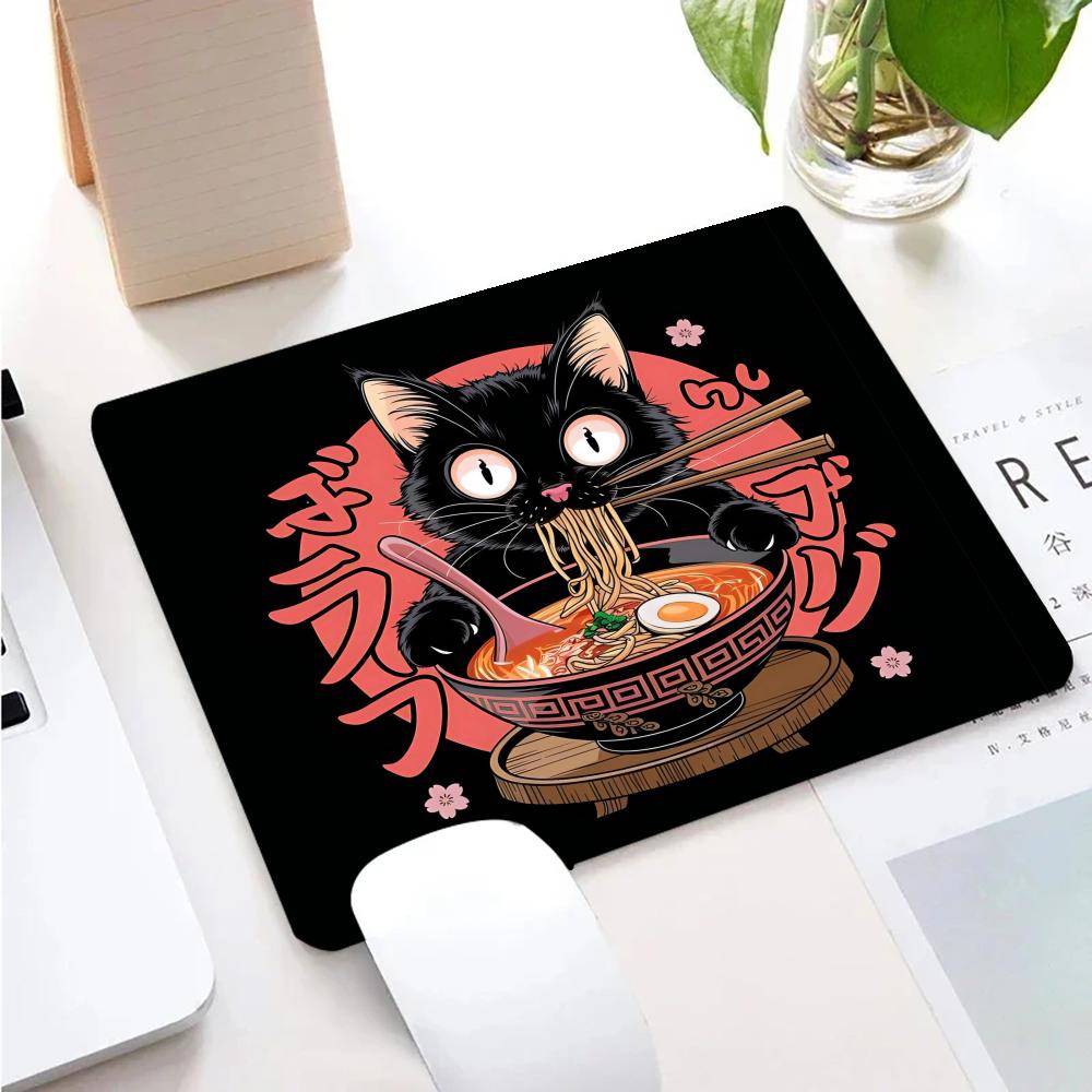 Japanese Cat Eating Ramen kawaiiMouse Pad Square Gaming Accessory Rubber Deskmats Non-Slip Computer Keyboard Mat Laptop Mousepad