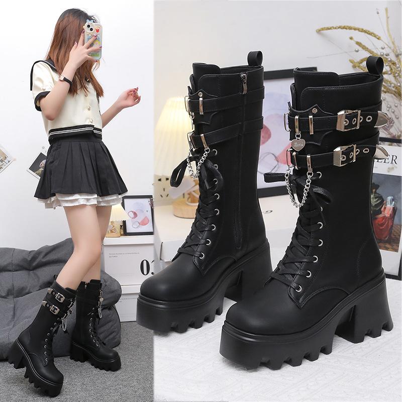 Women'S Punk Gothic Boots  Fashion Buckle Chain High Heels Mid Calf Boots Women Black Pu Leather Plus Size 42 Autumn Botas