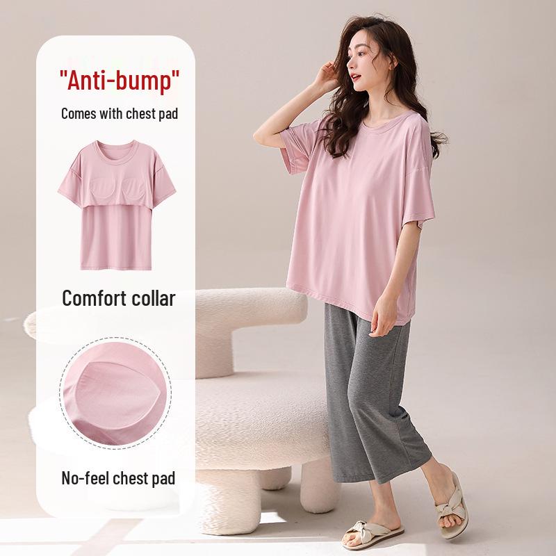 Women's Modal Pajama Set: Chest-Padded Short Sleeve Top with Loose 7/10 Pants for a Cool Summer Sleep