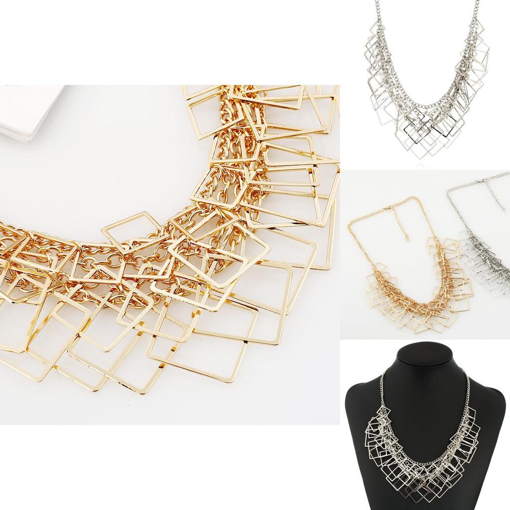 Square Multi Layer Modern Geometric Necklace With Metal Chain For Art Deco Look