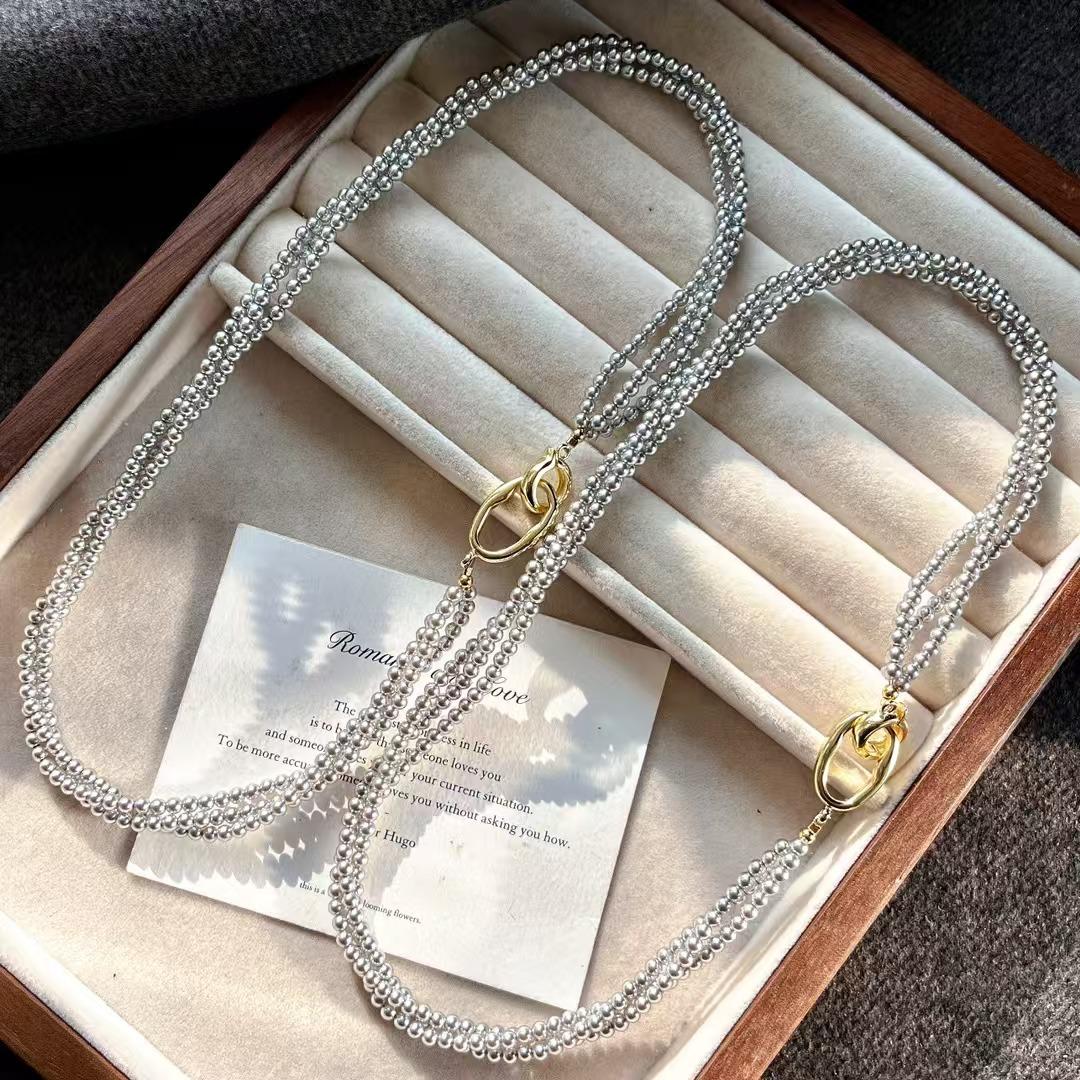 

Vintage 616 Platinum Grey Faux Crystal Pearl Multi-Layer Design Clavicle Chain Necklace