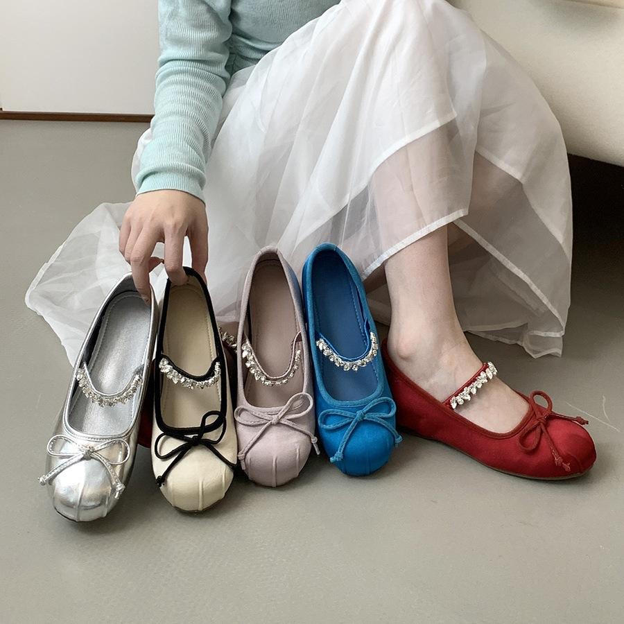 Inner height increase 4CM Mary Jane single shoes women's shoes spring and summer red rhinestone ballet evening shoes