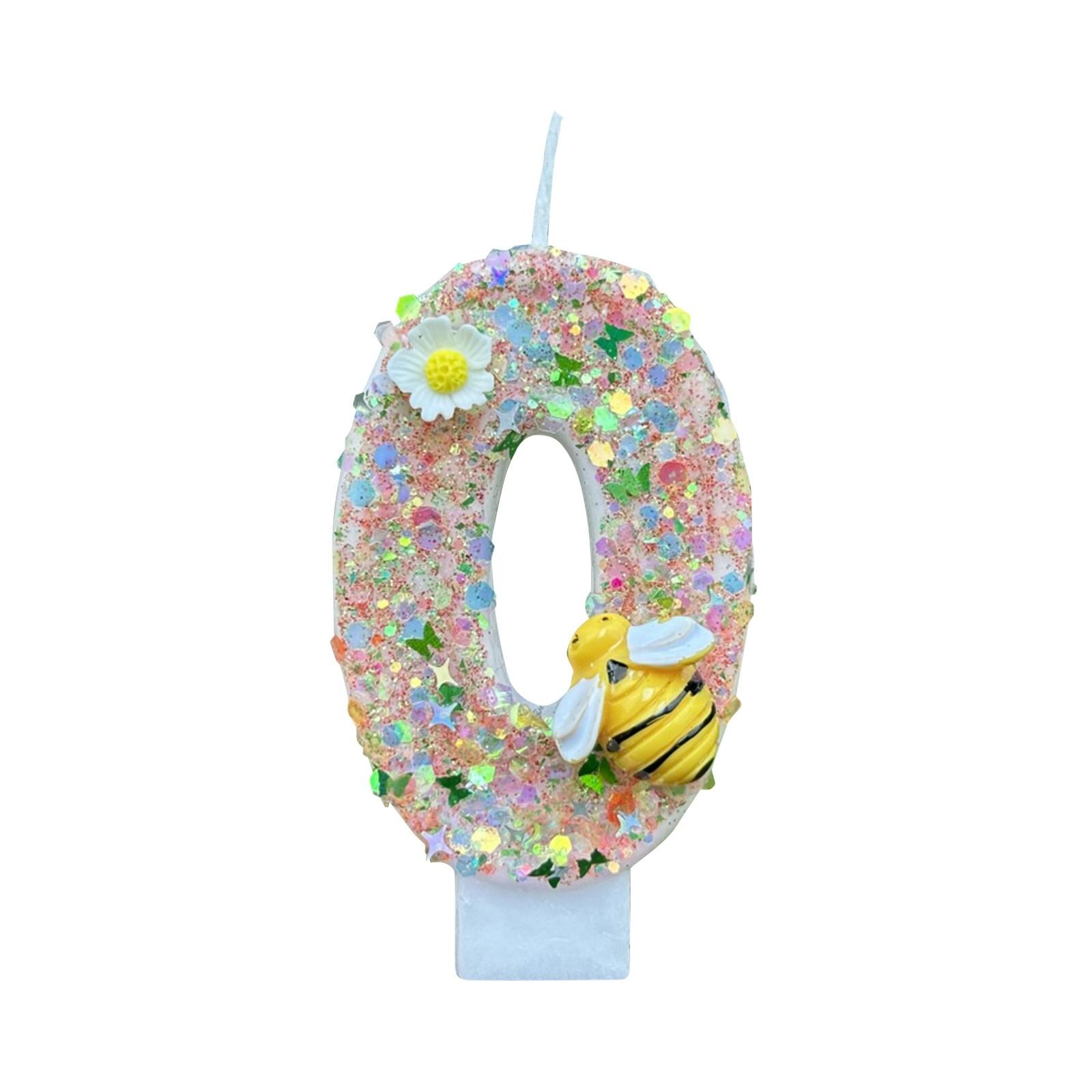 

Number Zero Birthday Candle with Bee and Flower Decoration Glitter Finish Birthday Cake Candle for Celebration Party Supplies One Size