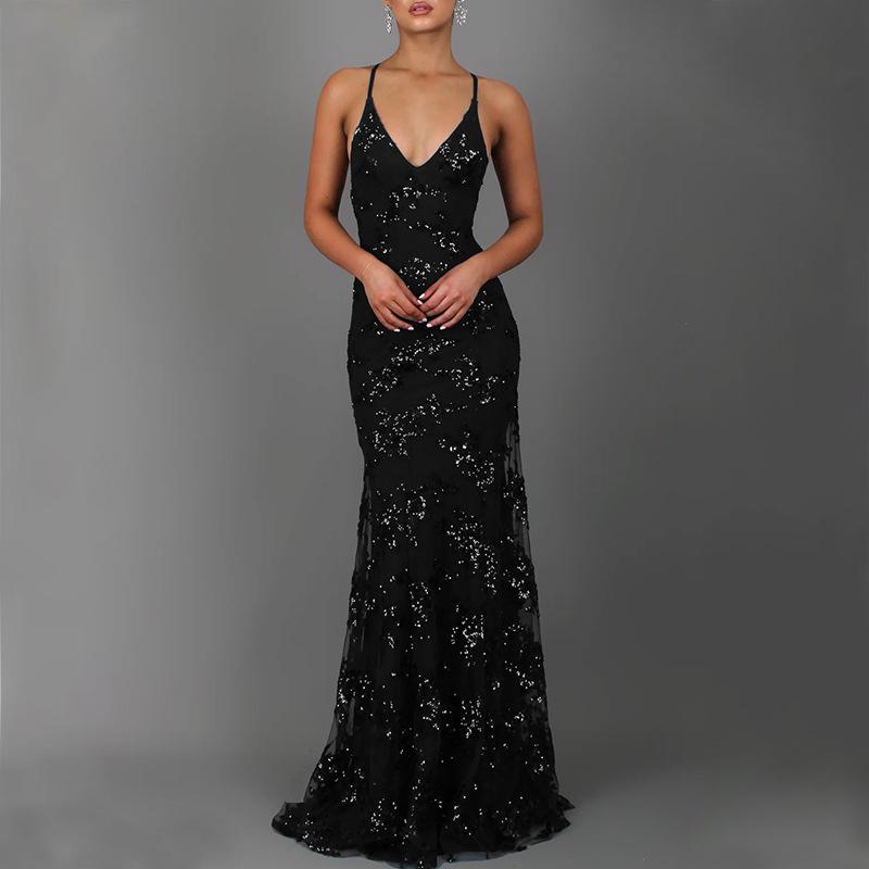 2025 European & American Women's V-Neck Sequin Backless Sling Dress