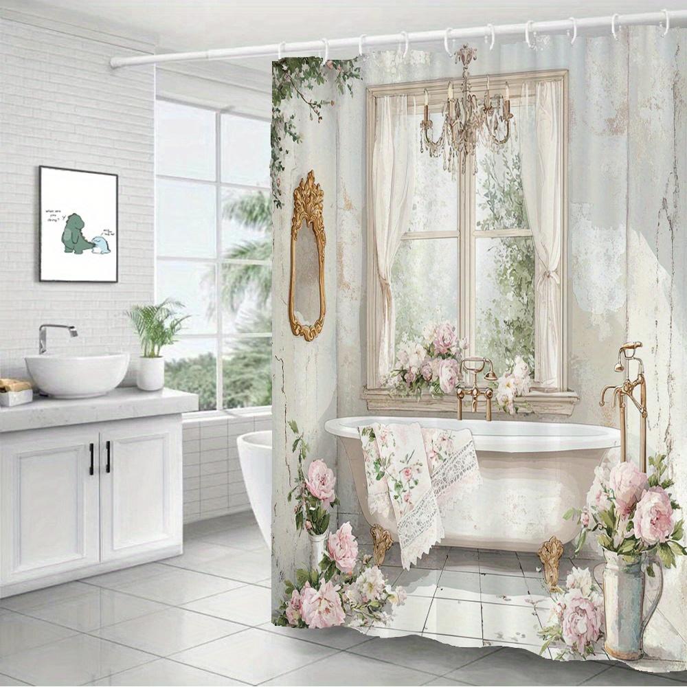 Vintage Floral Shower Curtain Shabby Chic Bathroom Decor Romantic Cottagecore Aesthetic Window Mural Curtain Set Luxury Bath