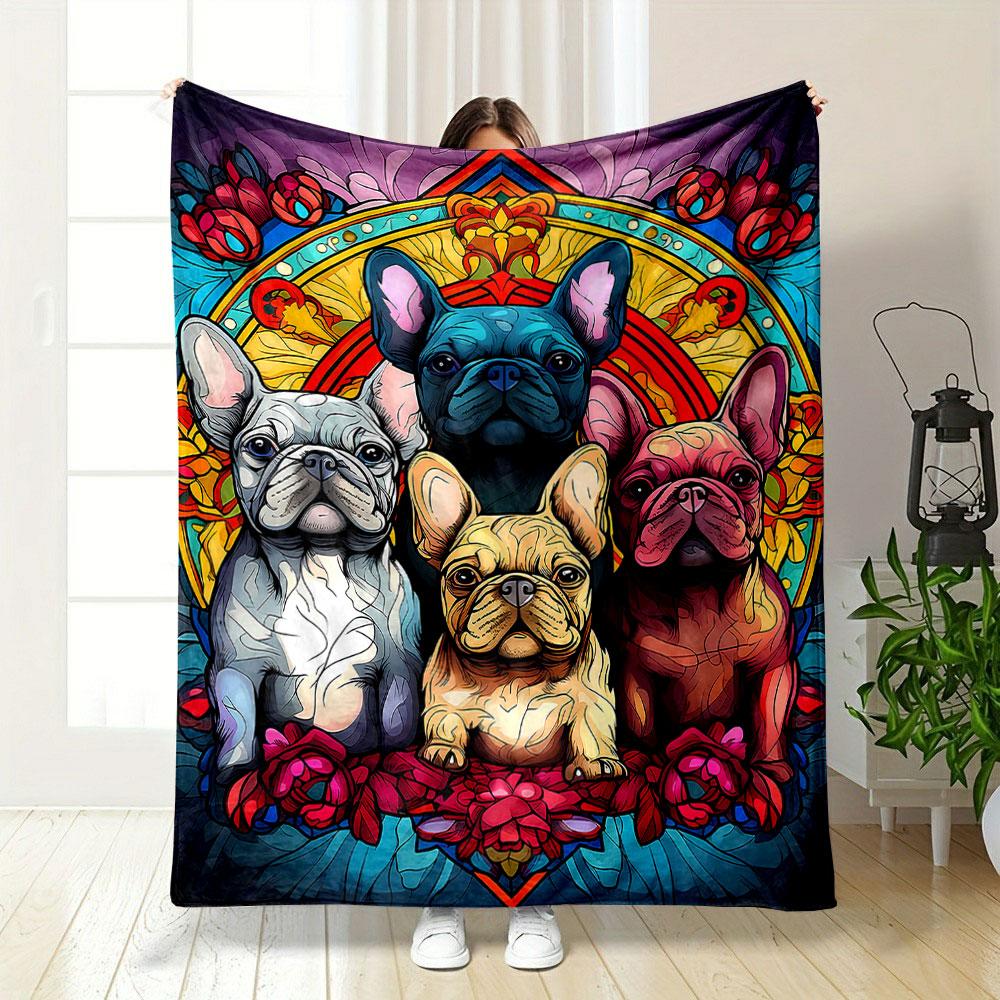 Colorful French Bulldogs Artwork Patterned blanket, flannel, suitable for all seasons, home decor, warm and cozy