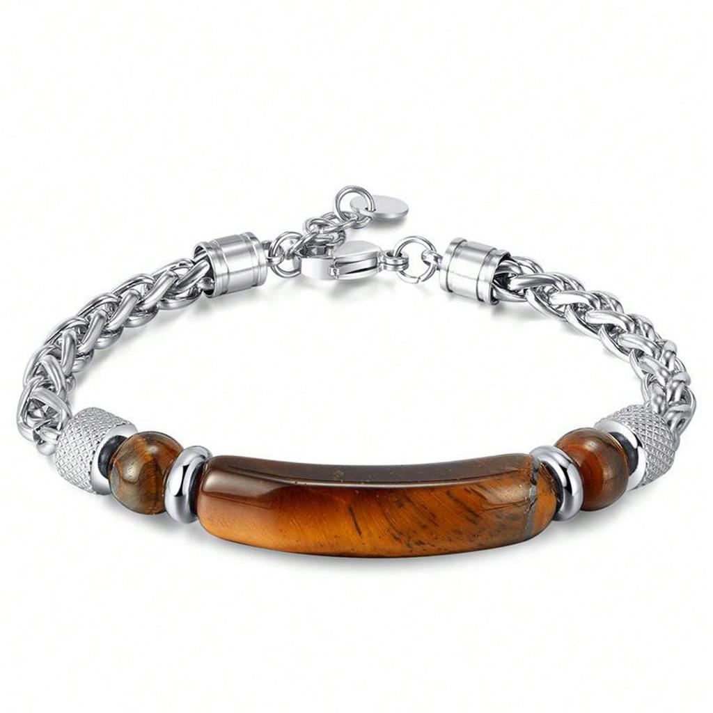 Non-fading Titanium Steel Tiger's Eye Stone Bracelet, Round Milled Chain, Stainless Steel Cuban Chain, Black Stone Bracelet for Men