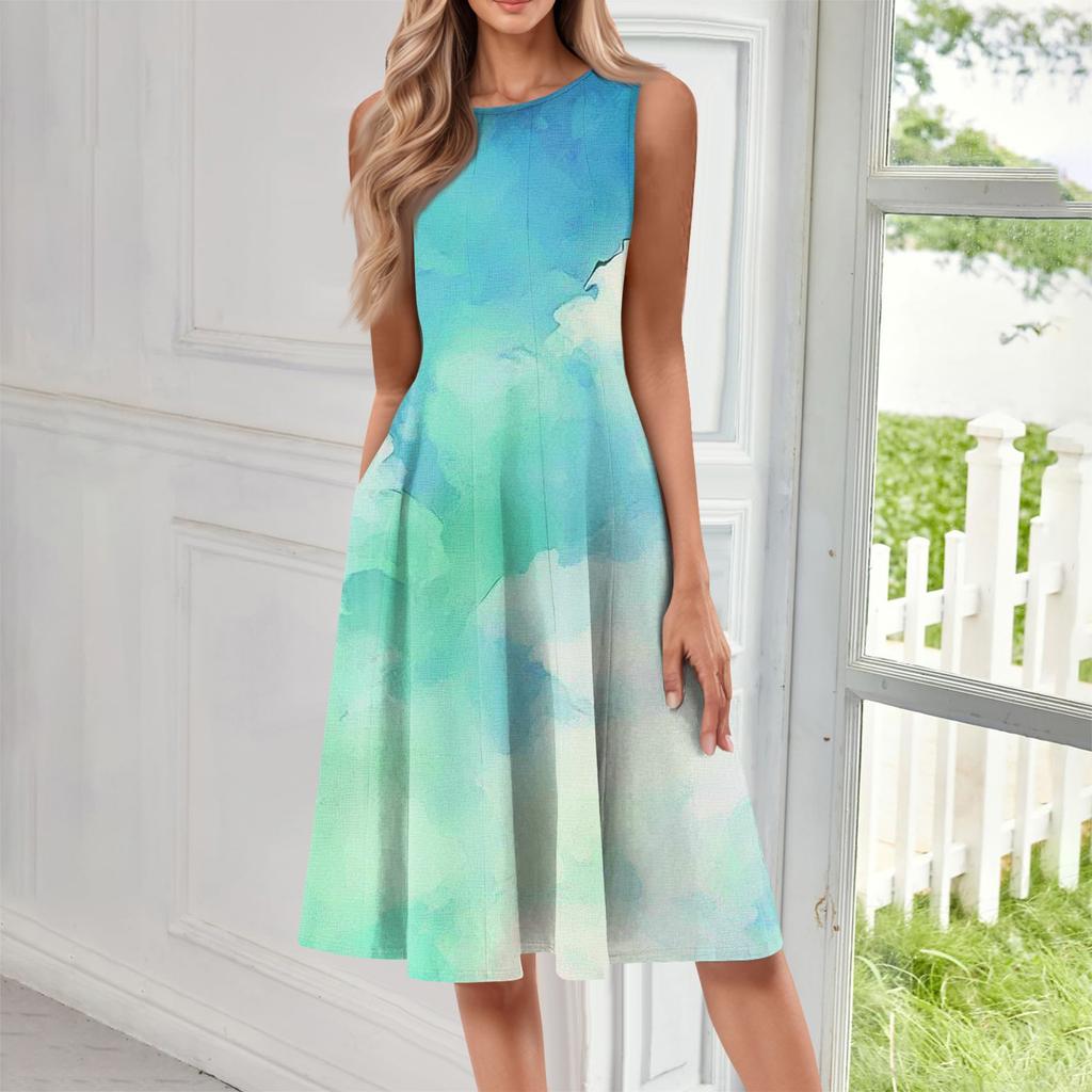 Women's Casual Fashion Tie- Printed Round Neck Sleeveless Color Midi Dress