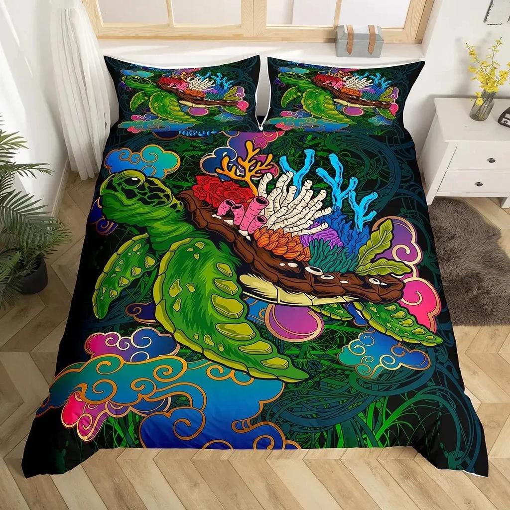 Ocean Theme Sea Turtle Reptile Tortoise Duvet Cover Microfiber Starry Sky Galaxy Bedding Set Single Queen Size Comforter Cover