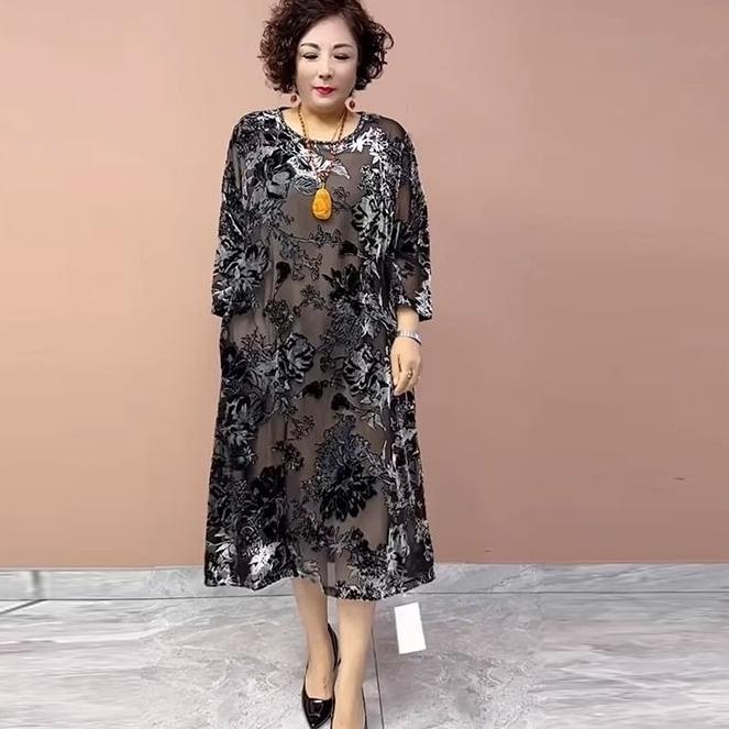 High-end Women's golden Velvet Dress Long Plus-Size Silk Dress Loose Floral A-Line Dress Spring Autumn