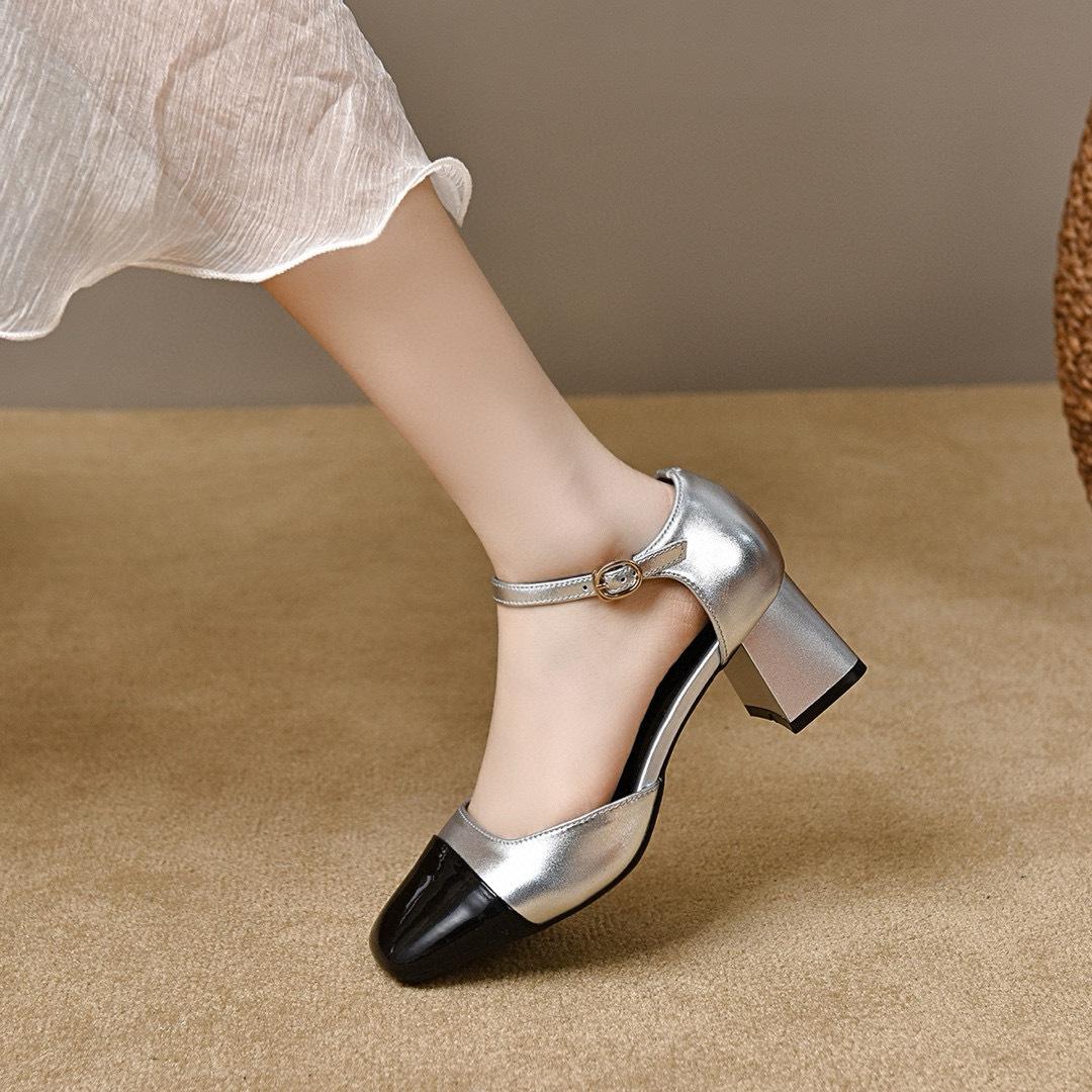 

Полые сандалии женские 2024 лето новые Xiaoxiangfeng цветовая гамма толстый каблук сандалии с ремешком на щиколотке элегантный темперамент туфли на высоком каблуке 34 серебряный