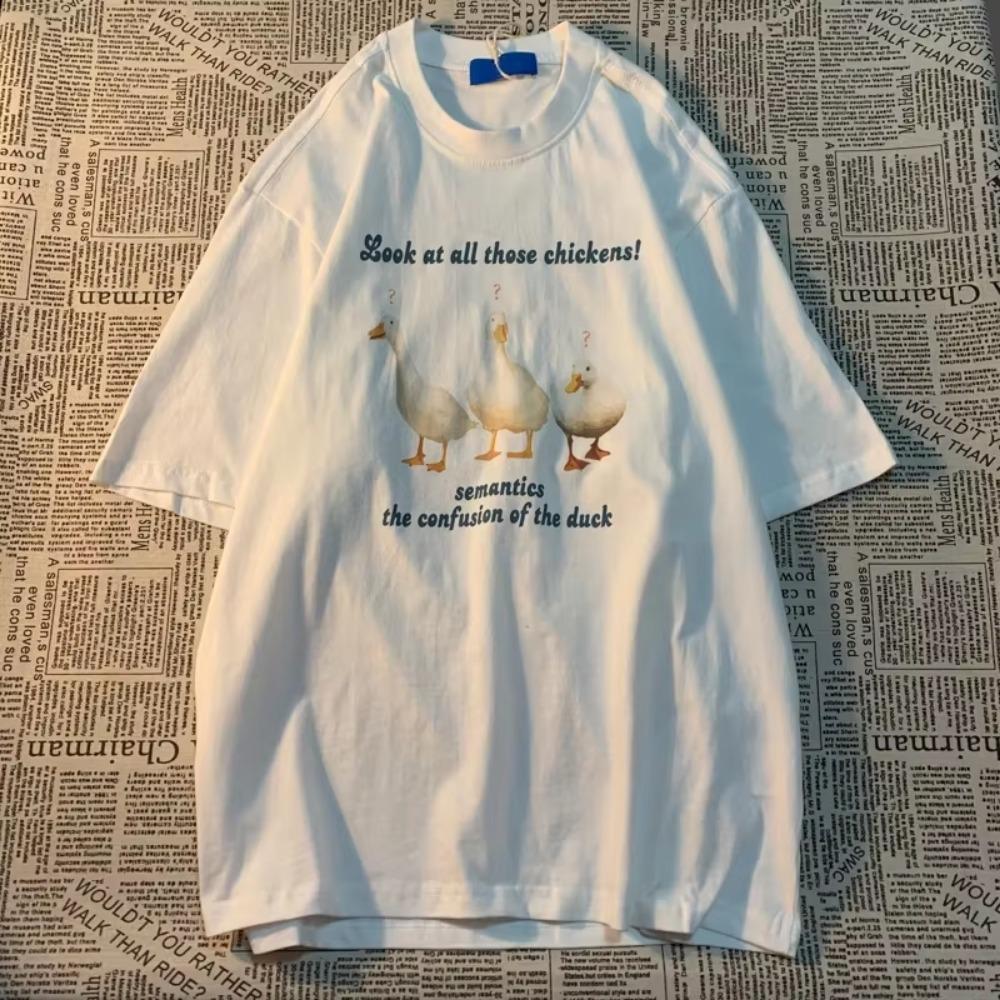 Catching Three Ducks American Retro Fun Printed Short Sleeved Cotton T-shirt Men Women Couple Loose Oversize Top Summer Tees