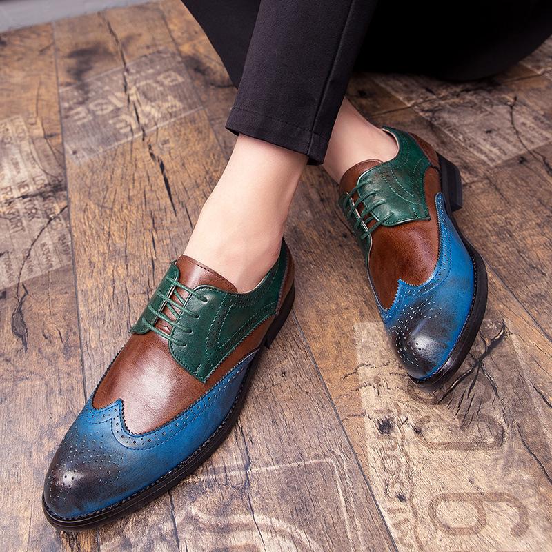 Men's Brogue Colorblock Leather Shoes: Large Size, British Style, Formal Fashion for Spring & Autumn 2020.