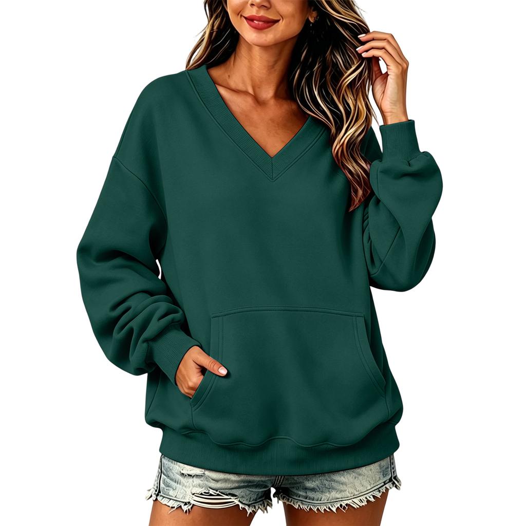 Women’s V Neck Long Pullover Sweatshirt with Pocket Loose Fit Casual Long Sleeve Top for Autumn and Winter