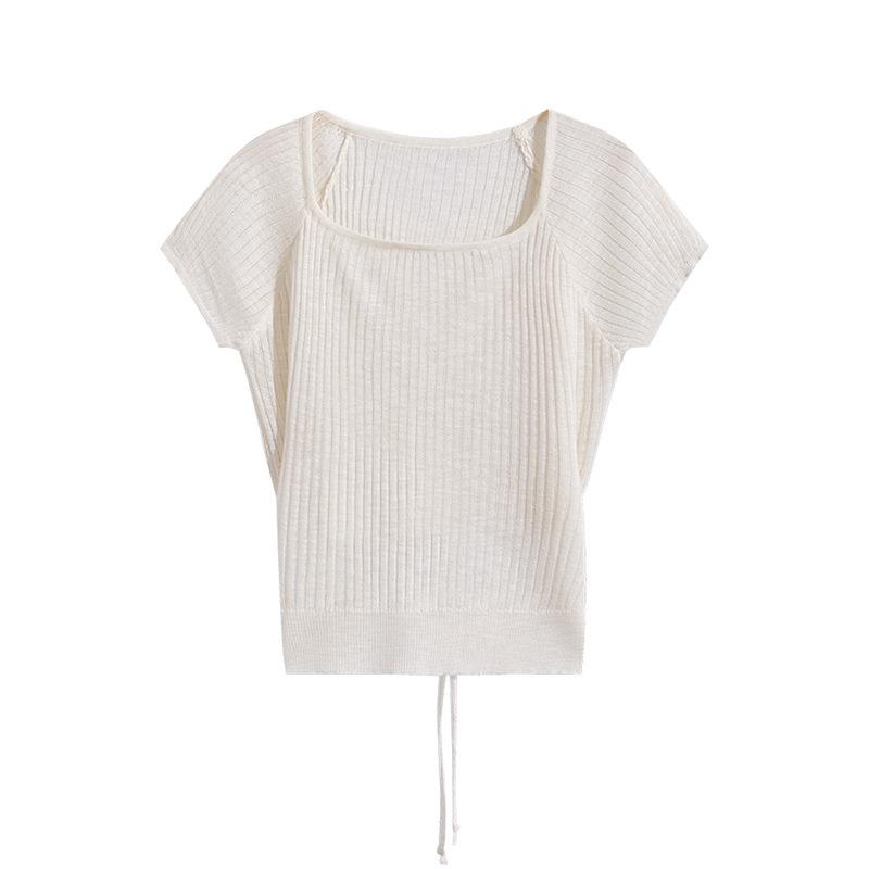 Square-neck, Straight-shoulder T-shirt, Short-sleeved Summer New Thin Knitted Sweater, Slimming and Waist-cinching Hot Girl Short Top for Women