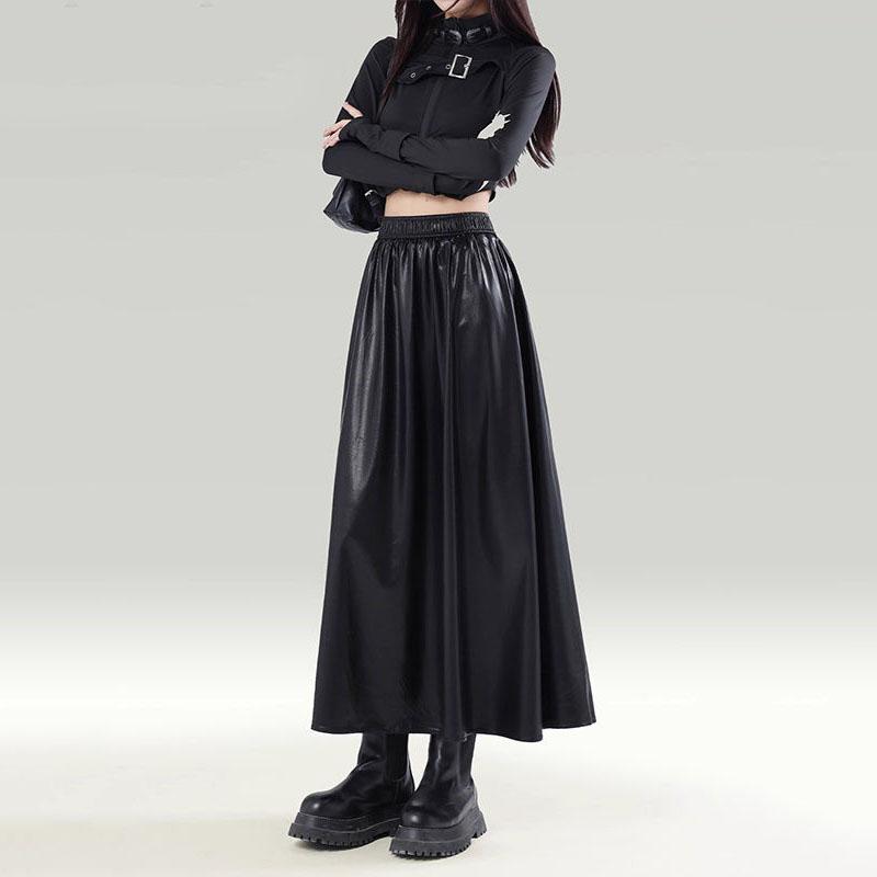 Vintage Autumn Winter New Skirts Women Solid Elastic High Waist Pleated Maillard Fashion A-line Slim Mid-length Pu Leather Skirt