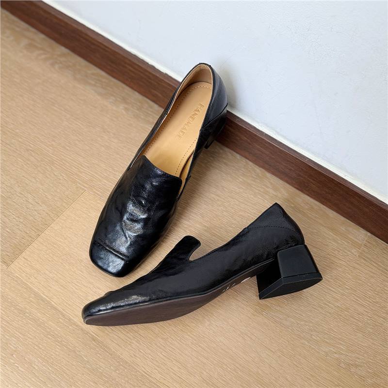 Old Money Style Retro Square Head Thick Heel Loafers Women's Autumn Middle Heel Single Shoes Commuter Small Leather Shoes Brown