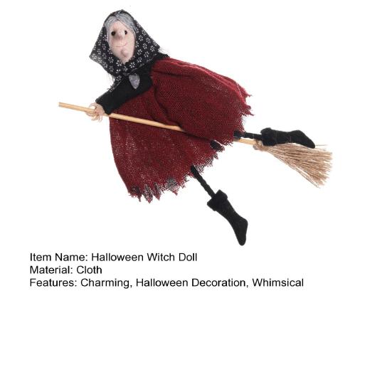 Halloween Witch Doll Small Hangable Witch Ornament Decorative Flying Witch Figurine On Broomstick for Indoor Outdoor Tree Home Kitchen Decor
