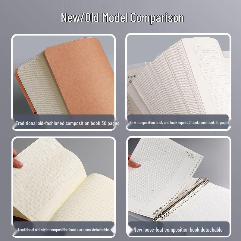 Elementary School Loose-Leaf Composition Notebook with Thickened Grid Paper, Correction Column, and Removable Free Cover