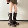Grape Mom Same Style~ Belt Buckle Square Head Folds Tall Tube Knee Knight Boots Fleece Wide Fat mm Large Size 41-43