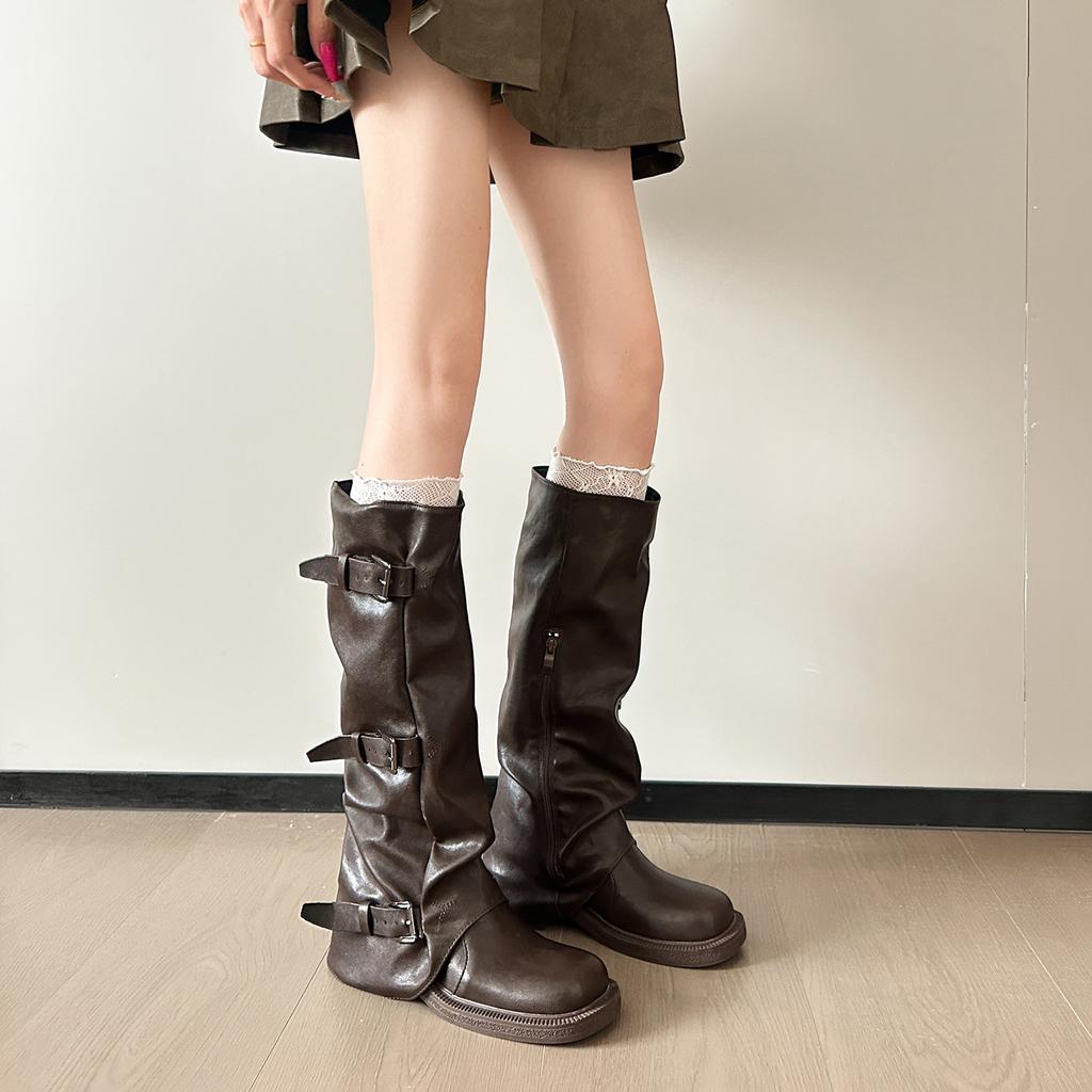 Grape Mom Same Style~ Belt Buckle Square Head Folds Tall Tube Knee Knight Boots Fleece Wide Fat mm Large Size 41-43