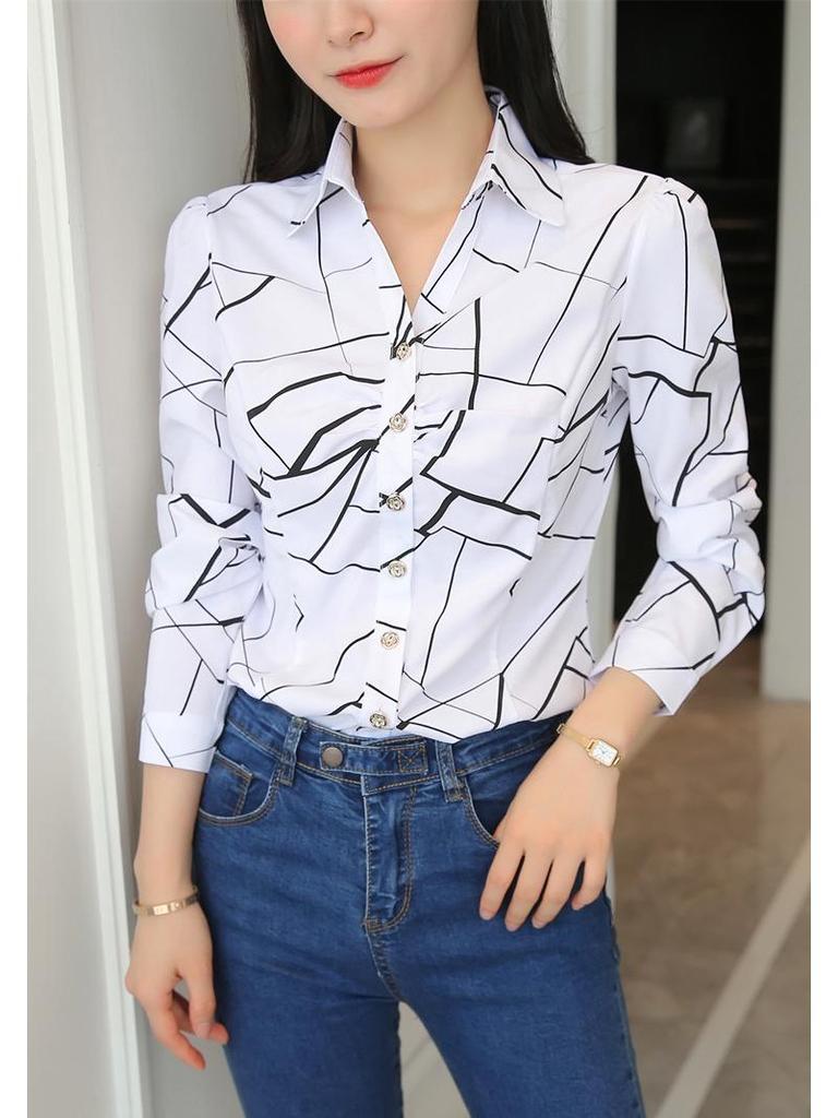 Korean Style Women's Slim Fit V-Neck White Shirt - Autumn 2024 Fashion Long Sleeve Casual Top