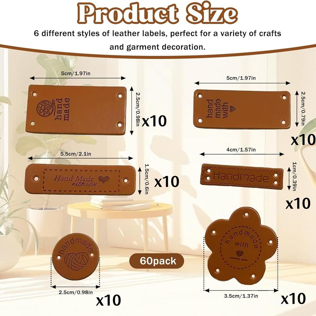 60Pcs Leather Labels Handmade Tags For Clothing Yarn Ball Hand Made Leather Labels Sewing Tags on Hats Knitted Sewing Accssories