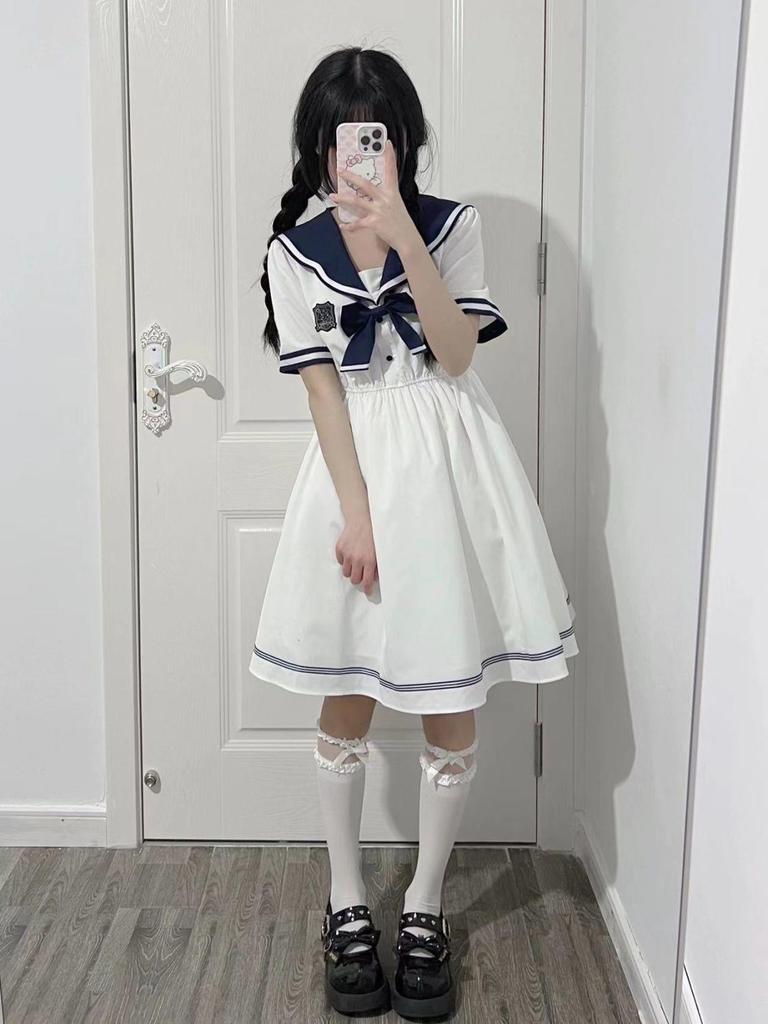 Japanese Sweet Student College Wind Navy JK Dress Women's Summer Lolita Princess Dress Adult Daily Light Lo