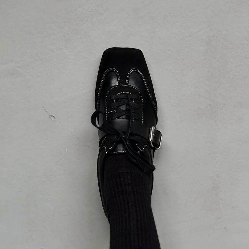 Fashion Bla Punk Sle Square Head Women's Shoes Faionable Versatile Design Korean Sle Low Heel Rubber Outsole Leather Li...