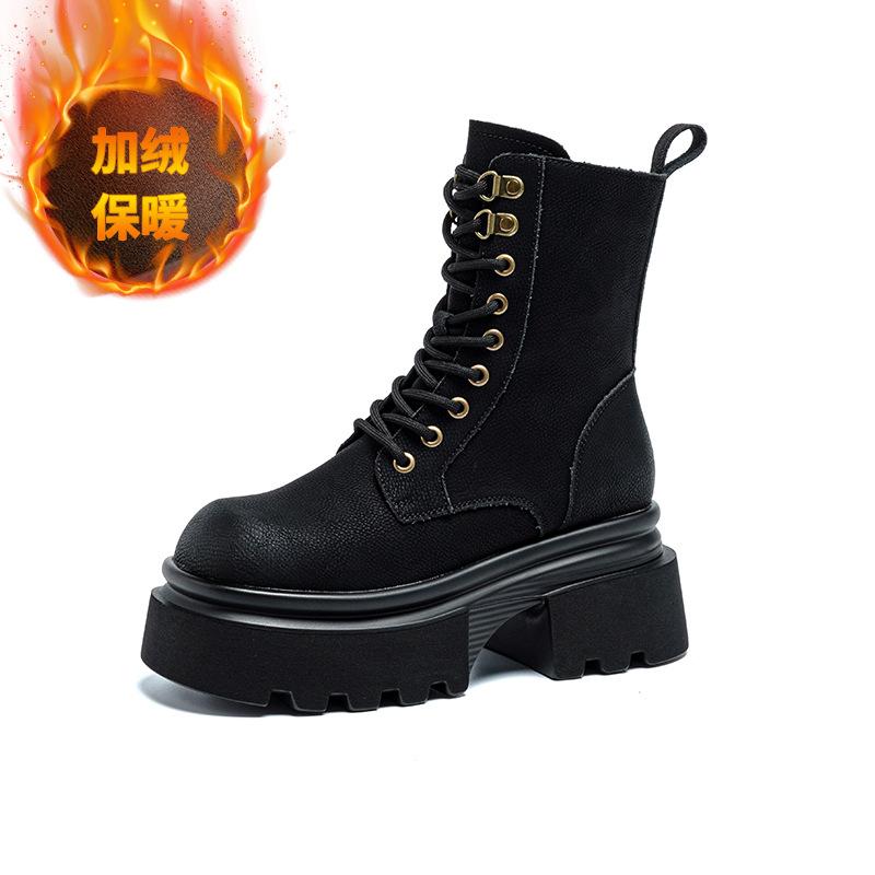 Thick-soled Martin Boots Women's Autumn and Winter New Versatile Polished Boots Heightened Thick-heeled Locomotive Short Boots