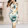 Women Plus Size Sleeveless Vest Midi Dress With Metal Ring Ornament At Left Neckline