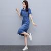 Summer Korean Denim Dress Short Sleeve Slim Waist Casual Lightweight Mid Length Fashion