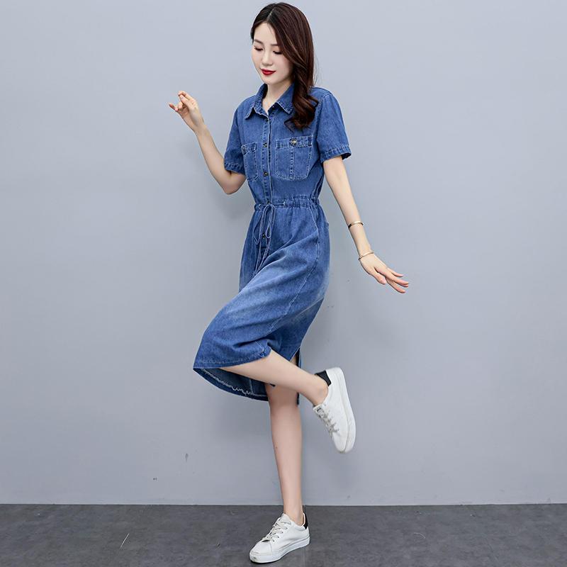 Summer Korean Denim Dress Short Sleeve Slim Waist Casual Lightweight Mid Length Fashion