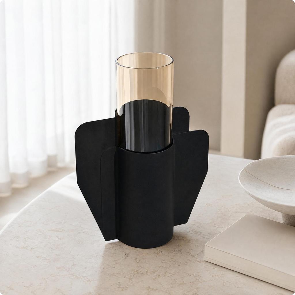 Black Metal Vase with Glass Vessel Decorative Sculptural Sleek