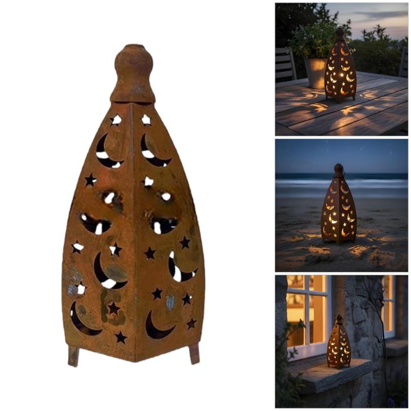 Metal Moon and Star Candle Stand Hollow Out Candle Lantern Islamic Festival Ornament For Tabletop Or Shelf Decoration