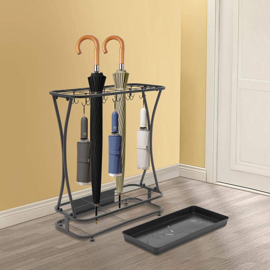 Black Umbrella Holder Stand with 18 Slots & 10 Hooks - Freestanding Umbrella Rack Organizer for Home & Office (55 Lbs Capacity)