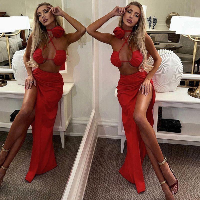 European and American Women's Clothing 2024 Autumn New Arrival Tether Halterneck Wrapped Chest Red Two-piece Set Sexy Split Maxi Dress Suit Women