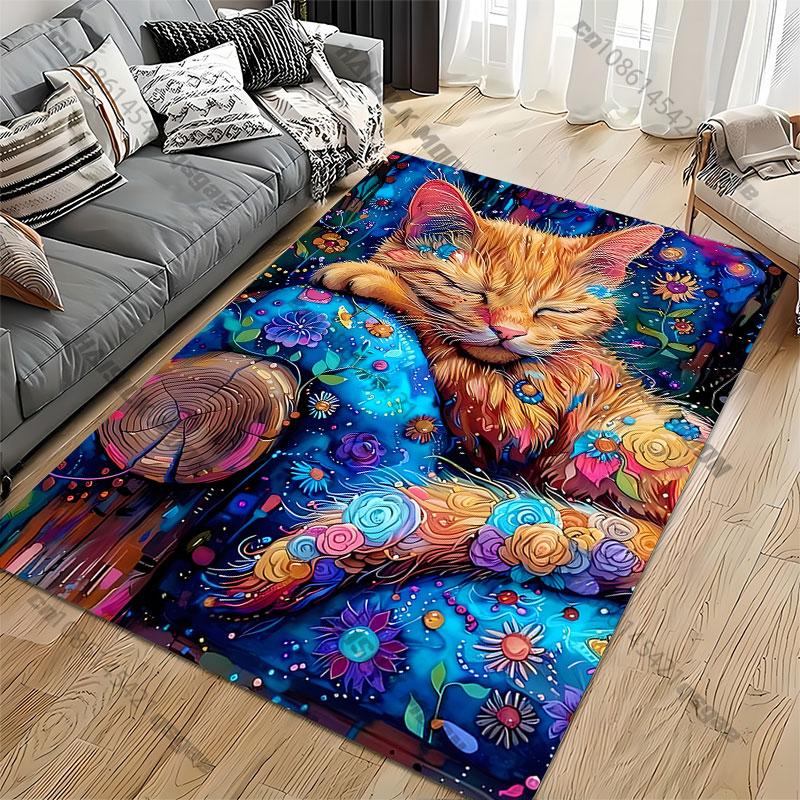 Colorful peaceful cat surrounded flowers carpet Yoga living room room decor children's crawling mat doormat area rug
