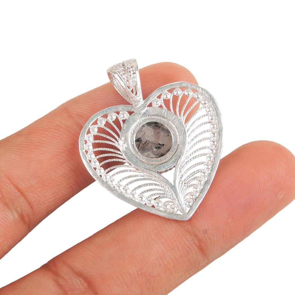 Natural Black Rutile Gemstone 925 Sterling Silver Jewelry Handmade Pendant 1.4" CP-15-28