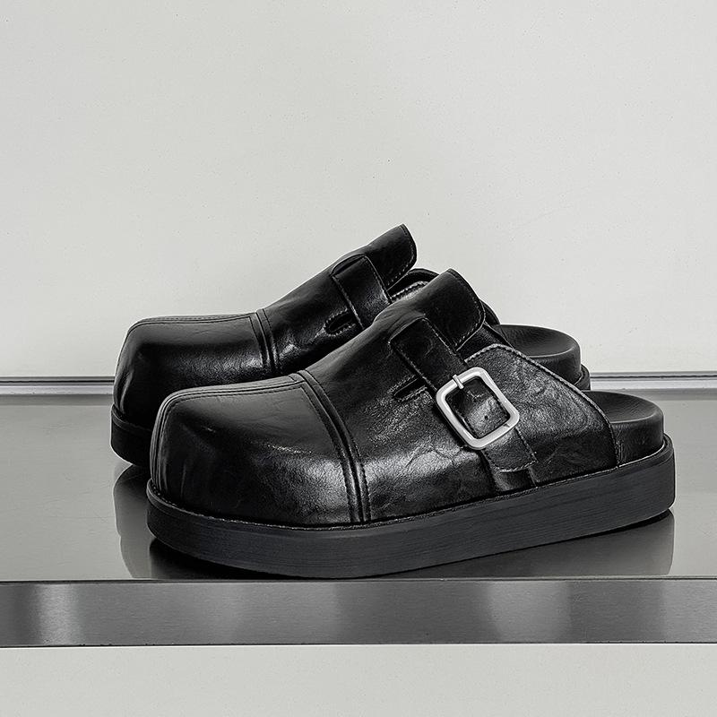 Big Head Premium Black Boken Shoes Heightened Platform Outer Wear One Pedal Retro Trendy Slippers 80521-J