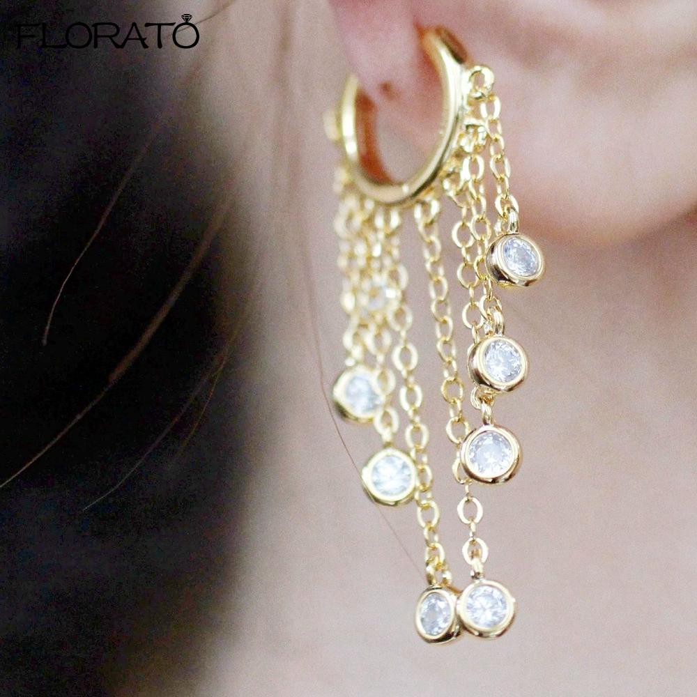 Ins Minimalism Chain Tassel Round Zircon Drop Earrings 925 Sterling Silver Needle Small Hoop Earrings for Women Fashion Jewelry