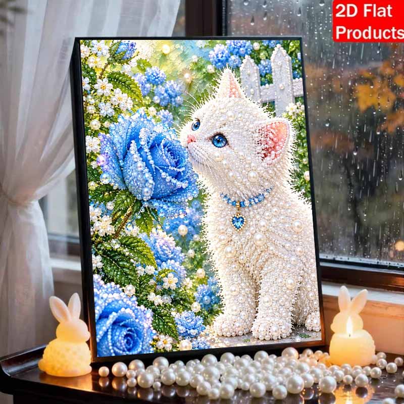 Creative Pearl Art on Stretched Frame Cute White Cat and Blue Rose Pattern DIY Sparkling Bead Canvas Relaxing Handmade Craft Gift for Kids