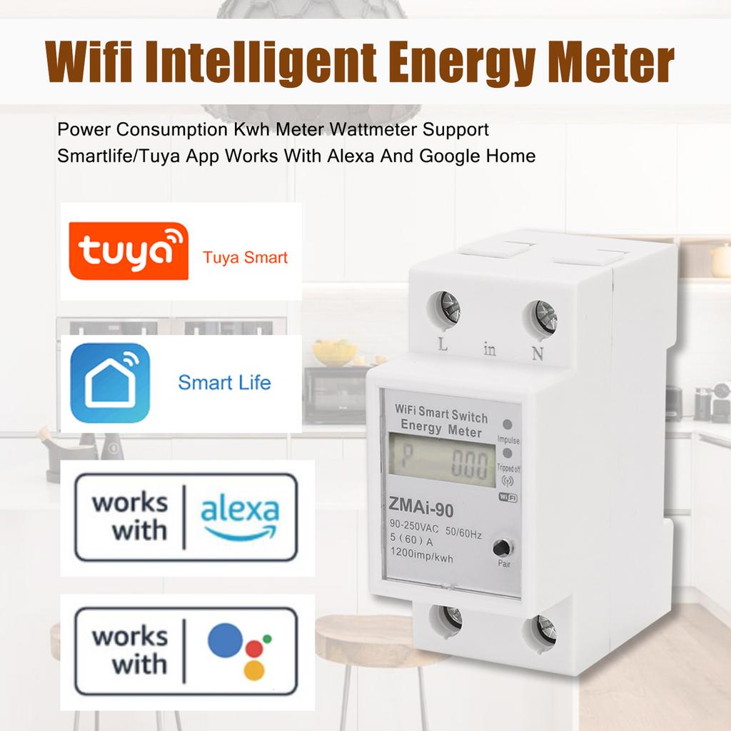 Single-Phase Din Rail Wifi Intelligent Energy Meter Power Consumption Kwh Meter Wattmeter Support SmartlifeCelsius App Control Compatible with
