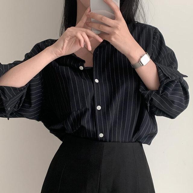 

Casual Layering Shirt for Women - Striped Loose Fit Long Sleeve Lapel Shirt with Pocket XL чорний