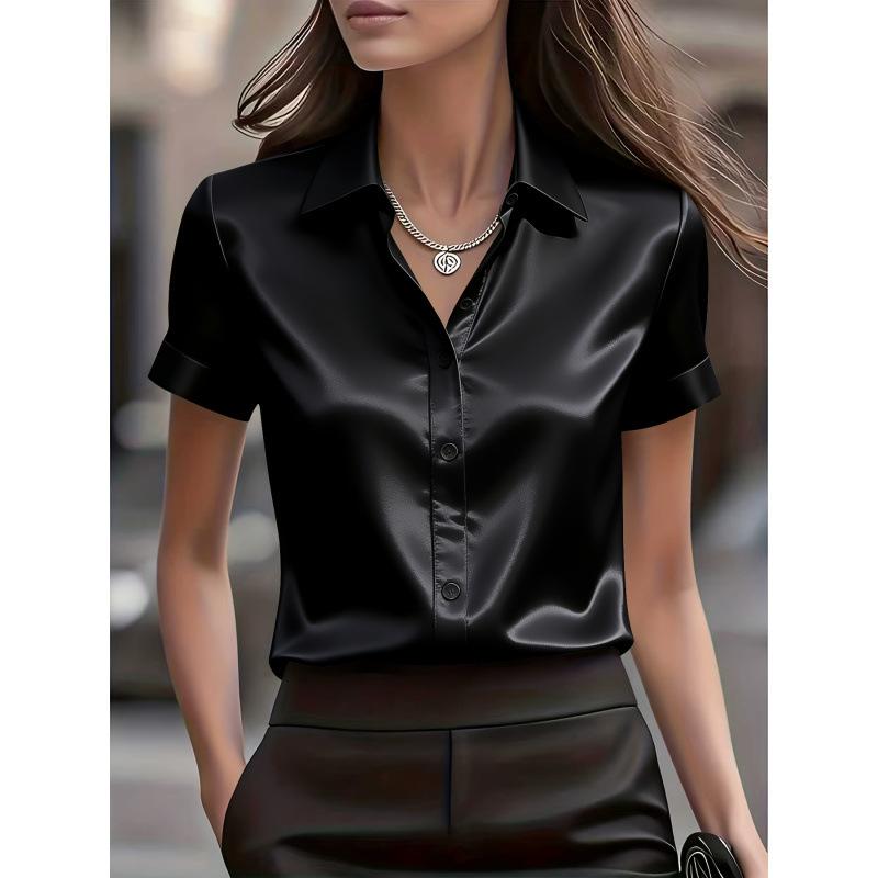 Women Solid Satin Slim Fit Commuter Short Sleeve Blouse