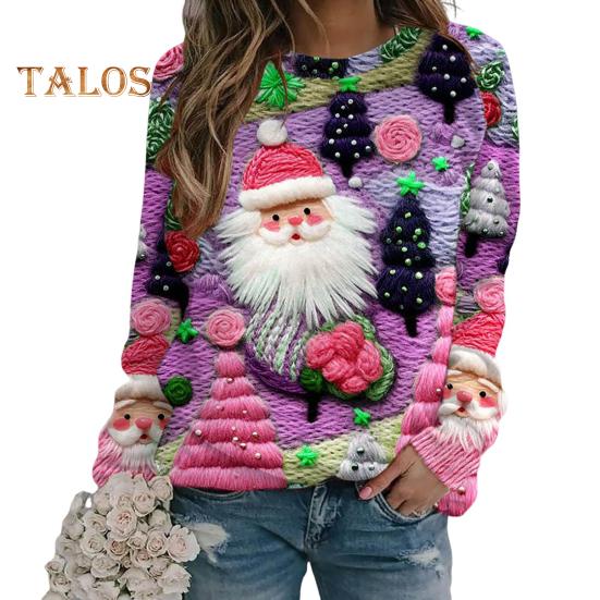 Julegenser Dame 3D Juletre Hus Trykk Rund Hals Langermet Topper Lett Ferie Genser Topper