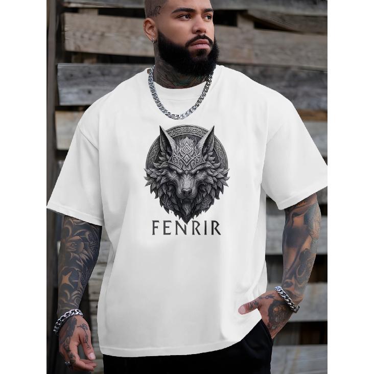 Men'S Plus Size 100% Fenrir Wolf Head Print T-Shirt - Casual Short Sleeve Round Neck Tee Suitable for Spring Summer Fall, PLUS SIZE