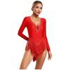 Womens Performance Bodysuit Deep V Neckline Long Sleeve Backless Style Glittery Rhinestones Fringe Dance Leotard